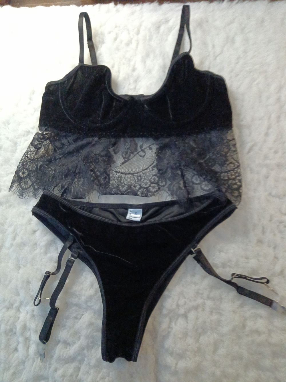 Velvet Lace Bralette & Garter Brief Set - Black